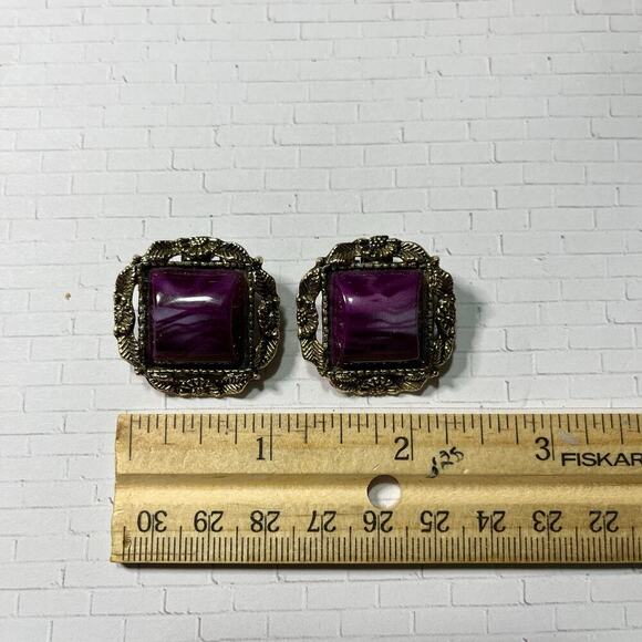 Vintage Purple Clip On Earrings Gold Filigree Statement Jewelry 1980s Earrings - Picture 6 of 7